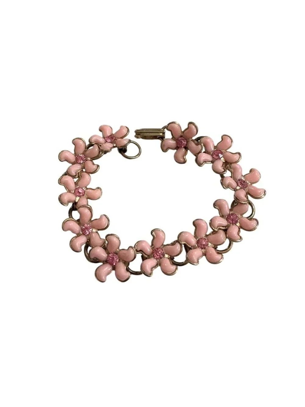 Vintage Pink Floral Link Bracelet 7.5 Inches With Rhinestone Accents  Gold-Tone